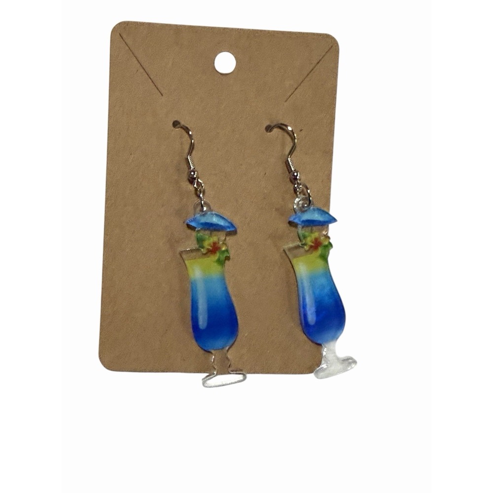 Blue Tropical Cocktail‎ Drink Earrings Acrylic Tiki Beach Vacation Jewelry